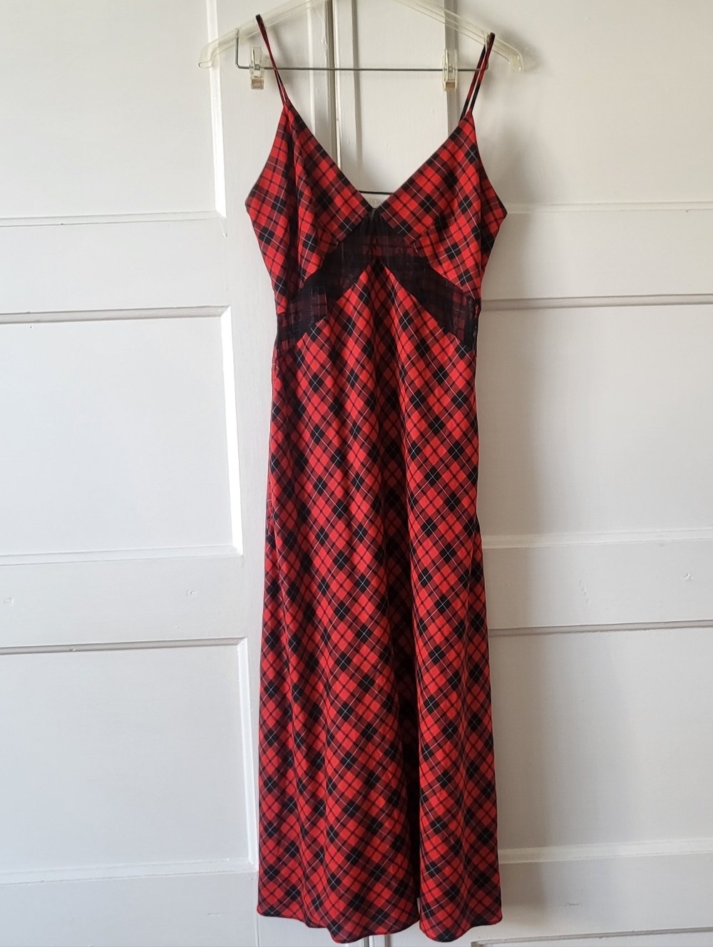 Divine Heritage Red Black Plaid Midi Slip Dress Lace Cutout Size S